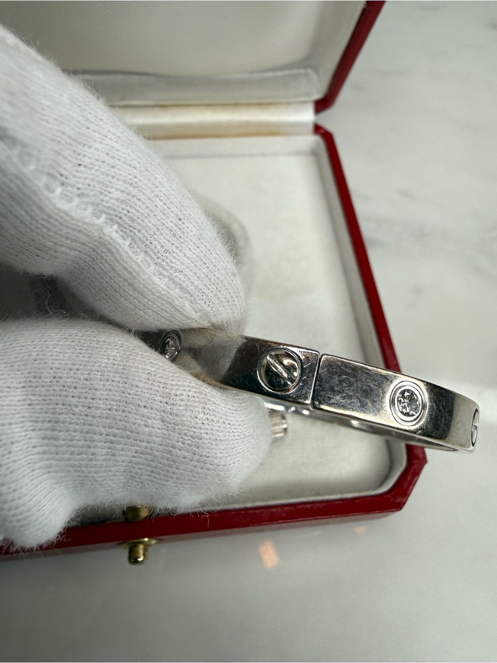 Auth Cartier 18k White Gold 6 Diamond love Bracelet with Red Box Sz 17 - Picture 6 of 14